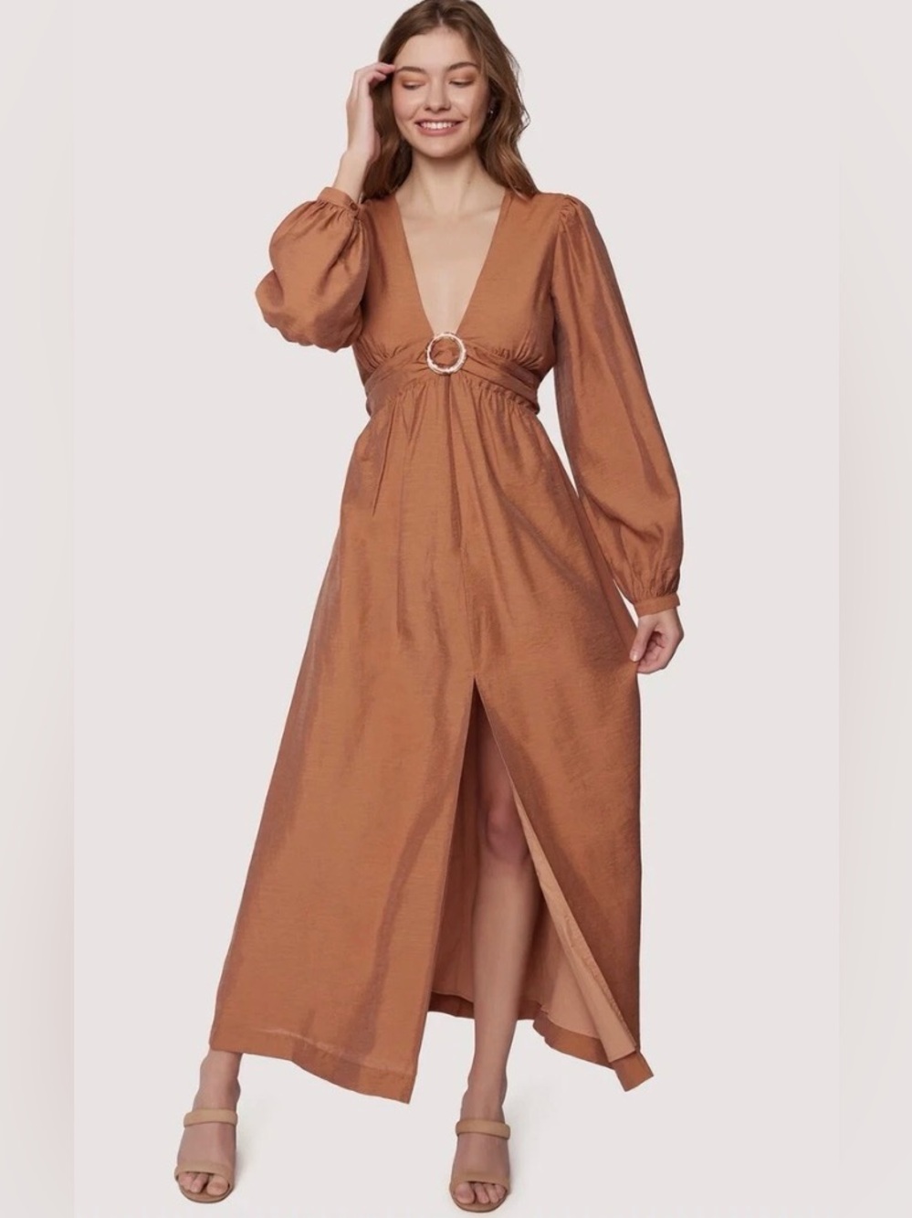 NWT Lost + Wander Pacific Grove Silk Blend Maxi Dress XS Copper Plunge Boho Wed
